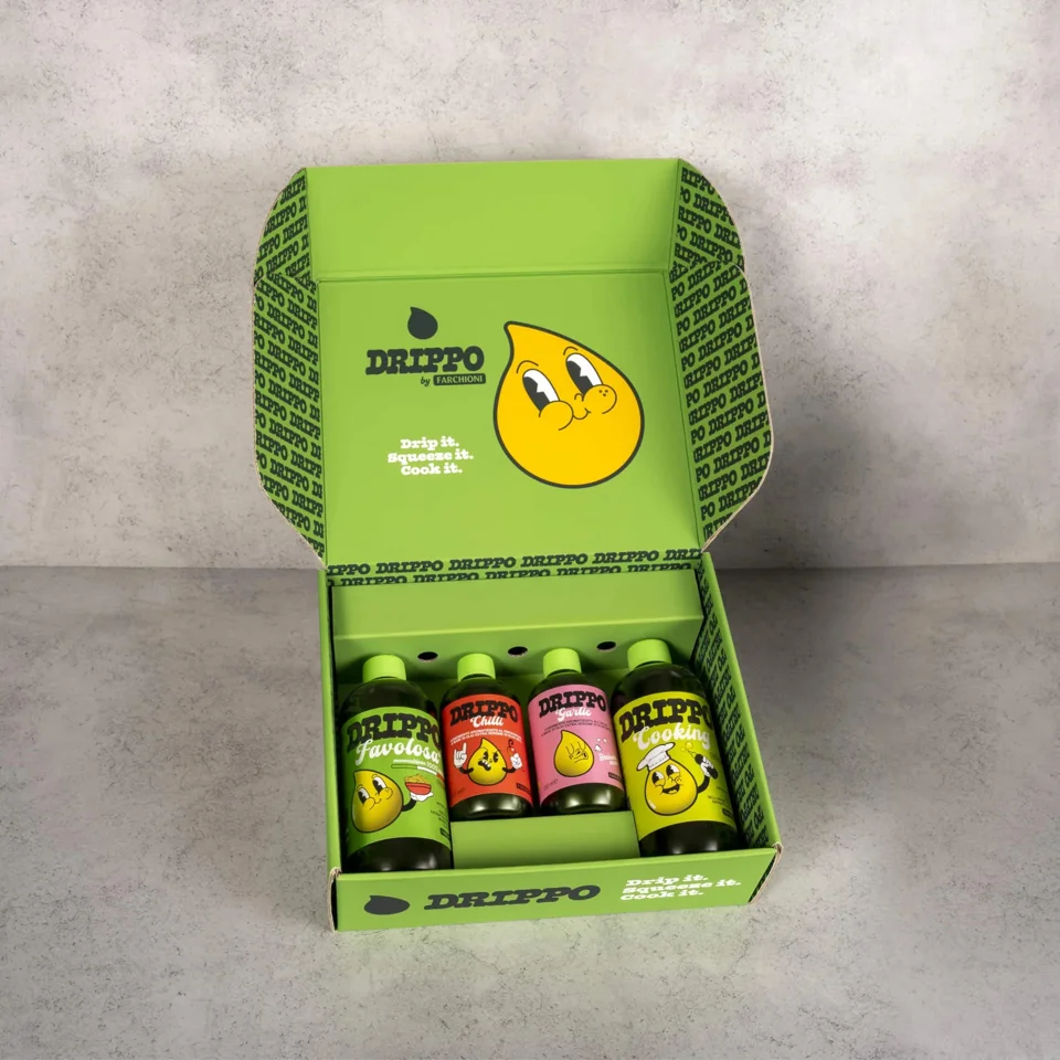 Gift box Drippo aperto con quattro bottiglie e mascotte sul packaging